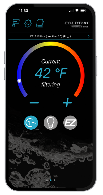 A smartphone screen displays a cold tub control app, showing a water temperature of 42°F, filtering mode, PH low alert, and several adjustment icons.