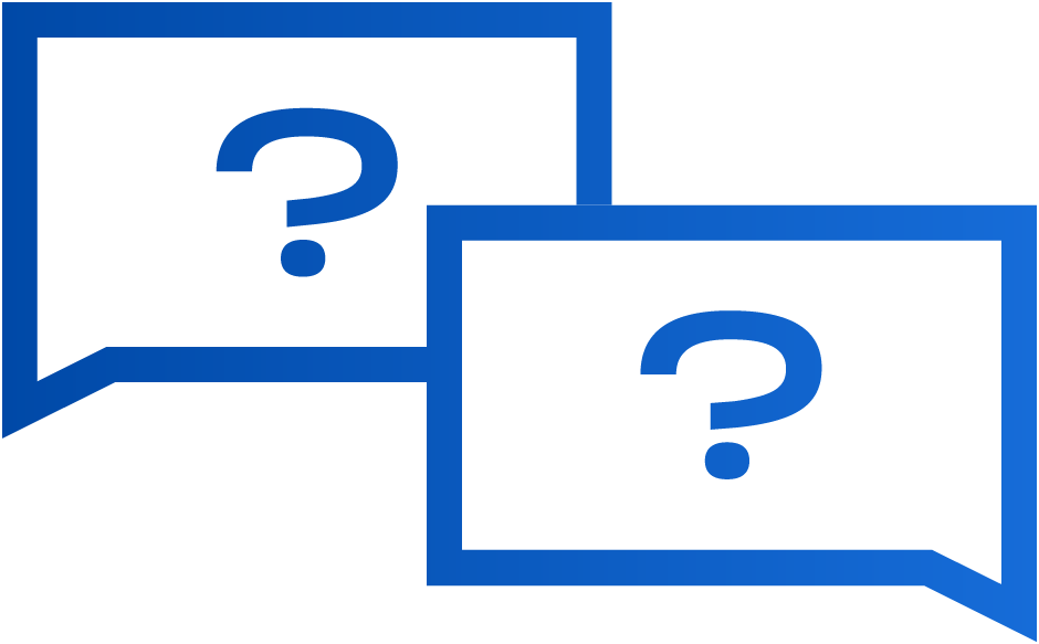 Two overlapping blue speech bubbles, each containing a large question mark, on a light gray background.