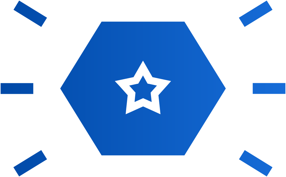 A blue hexagon with a white star inside is centered, surrounded by four short blue lines positioned diagonally at each corner.