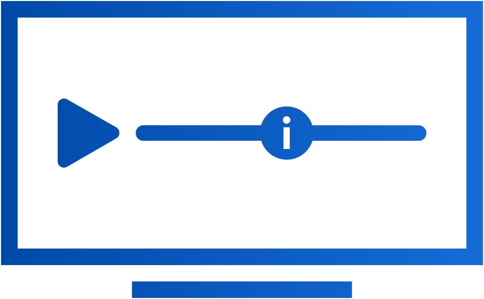 A blue icon of a video player with a play button, a progress bar, and an information symbol, displayed on a screen outline.