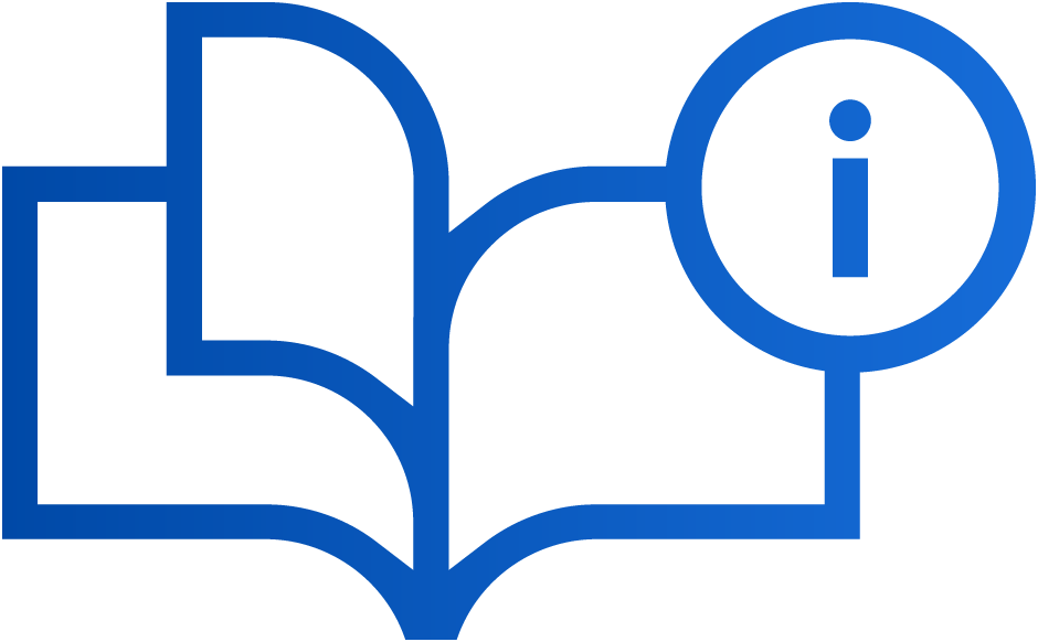 Blue outline icon of an open book with a circular information symbol containing the letter "i" in the upper right corner.