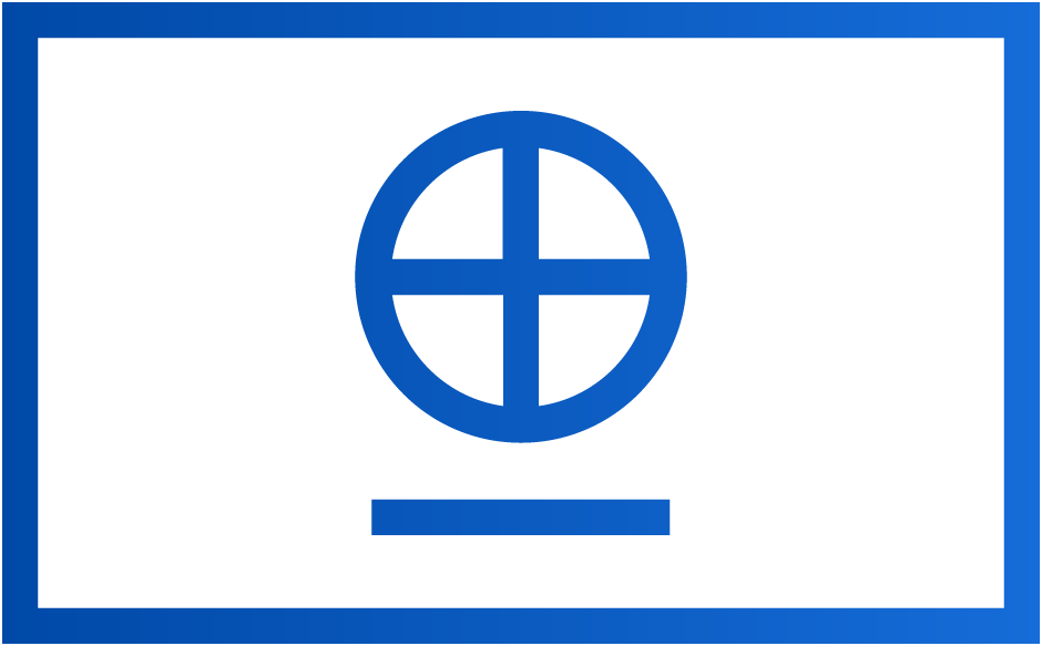 A blue outlined rectangle with a blue circle and cross inside, above a horizontal blue line, on a light gray background.
