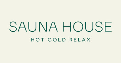 Text on a plain background reads "SAUNA HOUSE" in large letters and "HOT COLD RELAX" in smaller letters below.