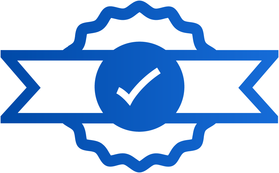 A blue badge icon featuring a check mark in the center and a blank white ribbon extending from both sides.