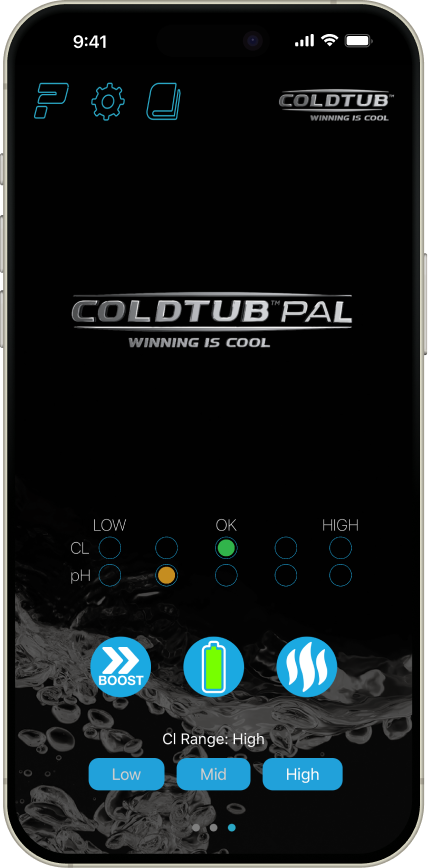 Smartphone displaying the Coldtub Pal app interface with water quality indicators, boost and heat buttons, and chlorine range options set to high.