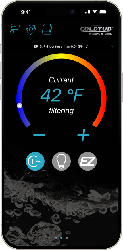 Smartphone screen showing a cold tub app; current water temperature is 42°F with filtering on and a pH low warning displayed at the top.