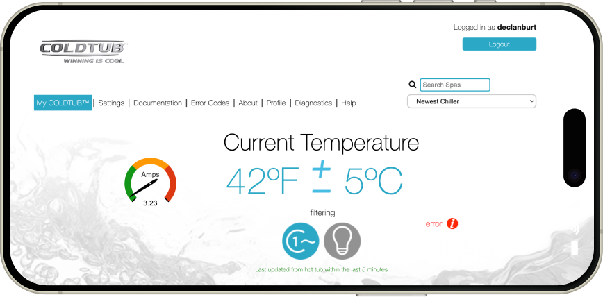 A smartphone screen displays the Coldtub dashboard showing a current temperature of 42°F or 5°C, an amp reading of 3.23, and a filtering status with no major errors.